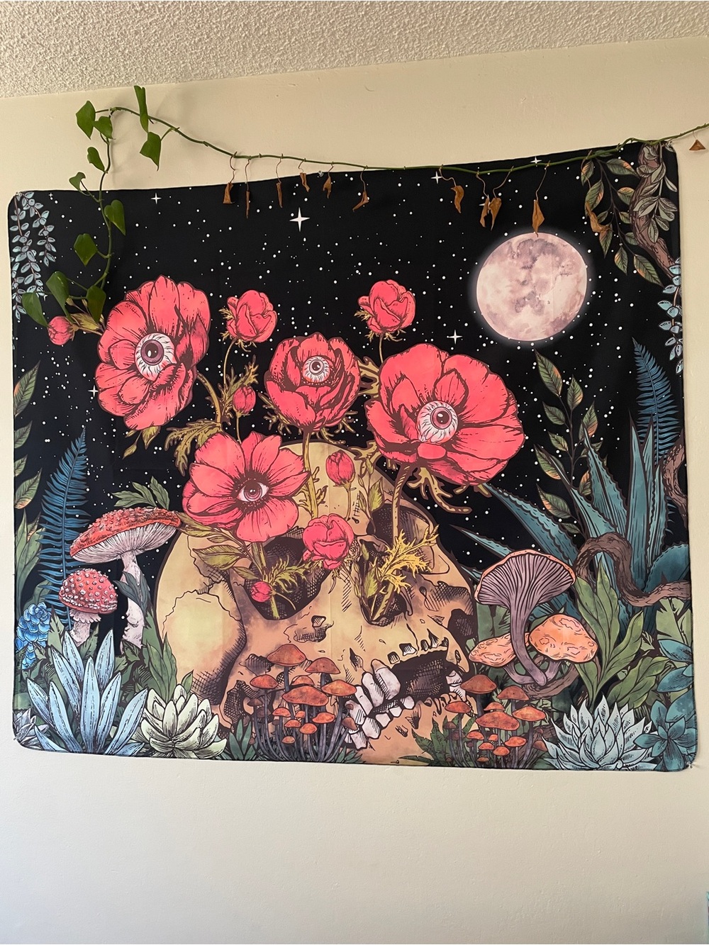 Pink Floral Skull Tapestry with Moon - Boho Wall Hanging